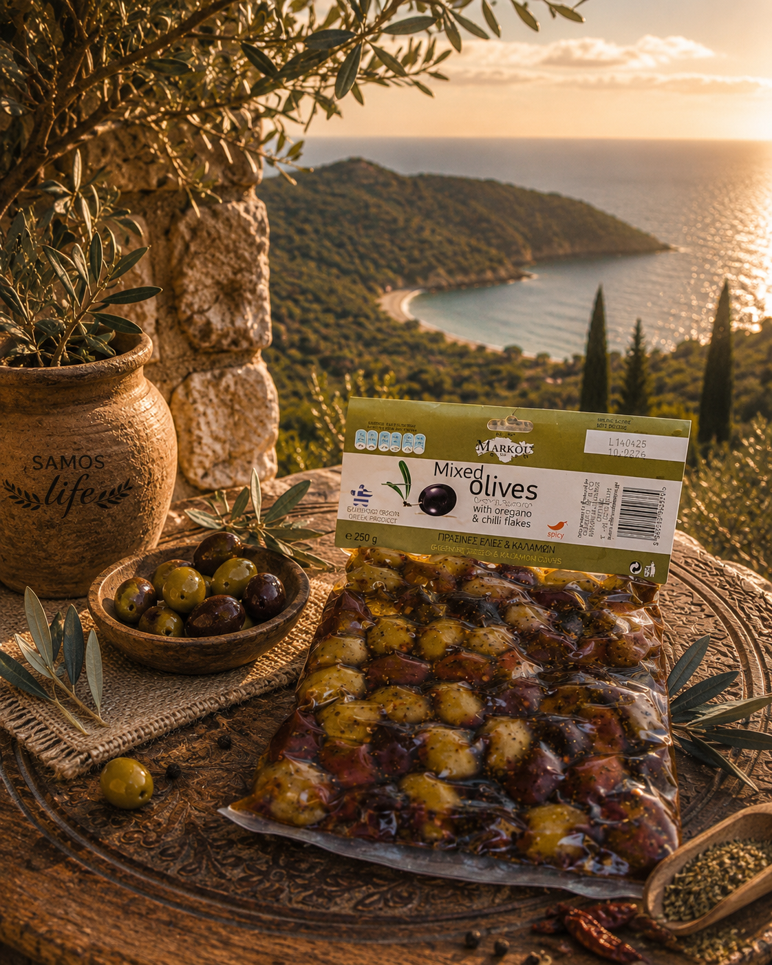 Mixed Green & Kalamon Olives with Oregano and Chili Flakes 250g | Ανάμεικτες Πράσινες & Ελιές Καλαμών με Ρίγανη και Νιφάδες Τσίλι 250g